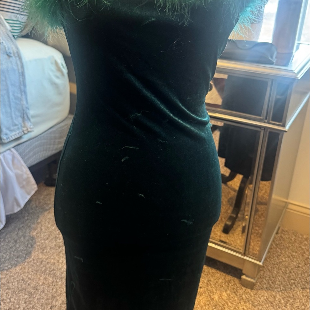 Fashion Nova Dark Green Velvet Backless Dress with Feather Trim